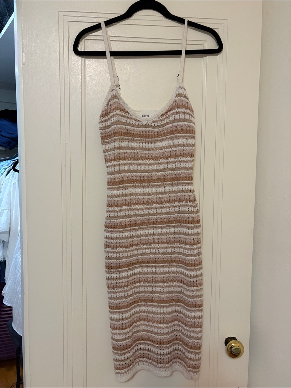 Olive & Oak Beige and White Striped Knit Midi Slip Dress